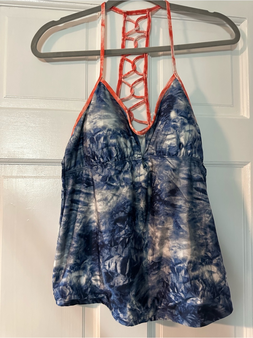 Lucky Brand Tie-Dye Blue and White Tankini Top with Coral Lattice Straps